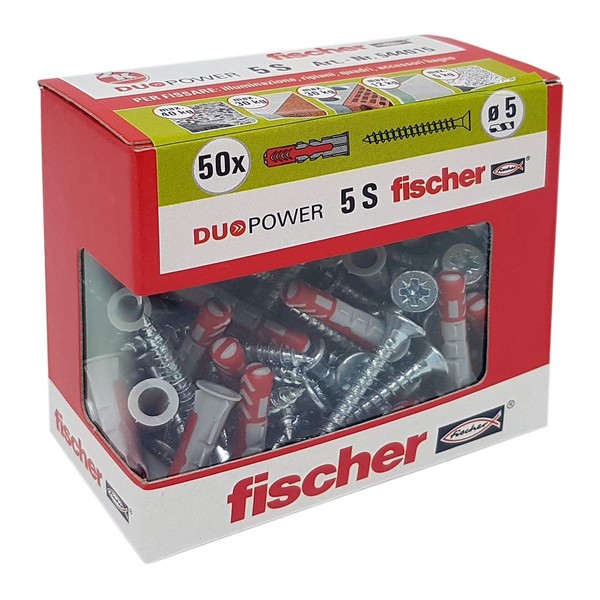 Fischer 544015 with Dowel Screw for Murature Piene, Pierced and plasterboard, Grey, 5 X 25 mm, Set of 50 Pieces