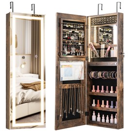 CHARMAID LED Mirror Jewelry Cabinet, Lockable Jewelry Armoire with Adjustable Lighted Full Length Mirror, 3 Lighting Sets, Wall Mounted Door Hanging Jewelry Storage Organizer (Rustic Brown, 42.5''H)
