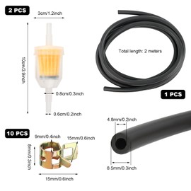 Fuel Line, Motorcycle Fuel Hose Kit, 2 Metre Fuel Line, 2 m Fuel Hose Diameter 4.8 mm, with 10 Pieces Hose Clamps and 2 Pieces Fuel Filter for Car Motorcycle Scooter