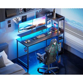ODK Reversible Gaming Desk with Power Outlets and LED Lights, 48 Inch Computer Desk with Storage Shelves and Monitor Stand, Modern Writing Study Desk for Home Office, Carbon Fiber Black