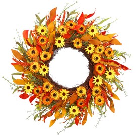 20" Artificial Fall Wreath for Front Door Orange Daisy Autumn Wreath with Colorful Wildflowers and Autumn Foliage Farmhouse Fall Door Wreath for Harvest Thanksgiving Fall Decorations