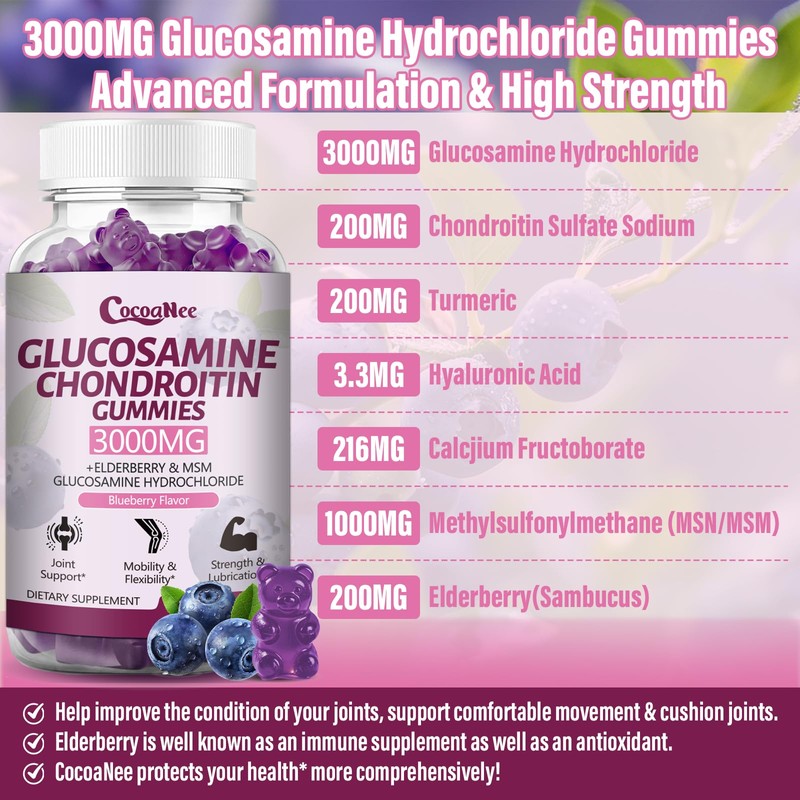 CocoaNee 3 Packs 3000MG Glucosamine Chondroitin Gummies, Extra Strength Joint