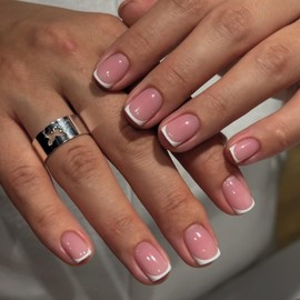 Uñas postizas francesas con punta francesa, cortas, cuadradas, acrílicas, color rosa nude, brillantes, naturales, con pegamento, para manicura de muje
