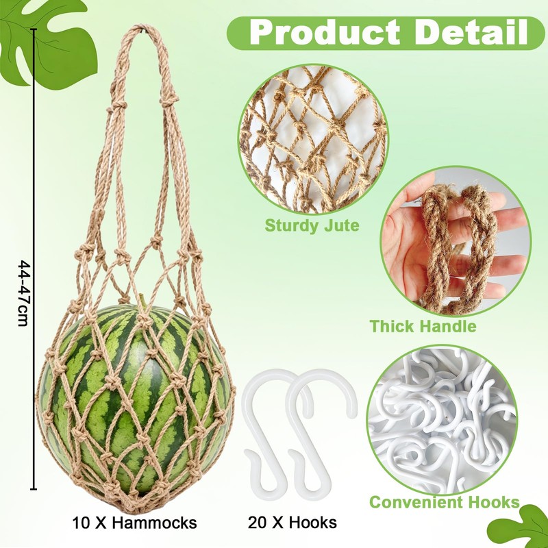 10 Packs Jute Melon Hammocks for Trellis, Watermelon Holder for