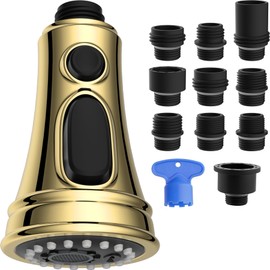 Hibbent Gold Pull Down Faucet Spray Head, 3 Function Faucet Sprayer Nozzle with 10 Adapters, Compatible with Moen, American Standard, Kohler Faucets, Polished Brass