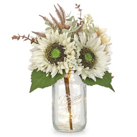 Silk Sunflowers Artificial Flowers with Mason Jar Centerpiece for Table White Fall Flowers in Vase Small Fall Floral Arrangement with Vase Thanksgiving Centerpiece for Dining Room Table Autumn Decor