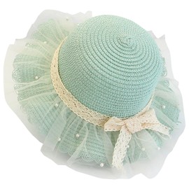 Little Girls Straw Sun Hat Lace Bow and Pearl Large Brim Sun Protection Hat Foldable Beach Sun Hats 2-7 Years Mint(Lace & Bow)