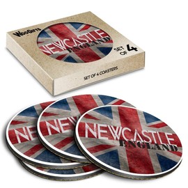 4 x Round Coasters - Newcastle England Flag Circle Cork Backed MDF Glossy Tea Coffee Accessory #61129
