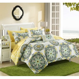 Chic Home Barcelona 8 Piece Reversible Comforter Set Super Soft Microfiber Large Printed Medallion Design with Geometric Patterned Backing Bed in a Bag with Sheet Set and Decorative Pillows Shams, King Yellow