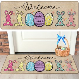 Tinideya Easter Bunny Doormat, Seasonal Spring Home Kitchen Decor Low Profile Switch Rabbits Rug Non Slip Easter Eggs Floor Mats for Front Door Indoor Outdoor 17x47 Inch