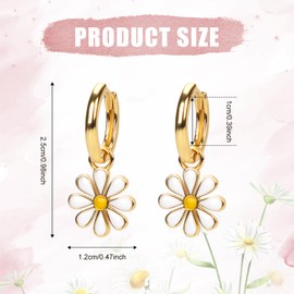 Daisy Earrings for Women, Flower Small Hoop Earrings 18K Gold Plated Pretty Flora Earring with Short Dangle Cute Lightweight Cartilage Earring Jewelry Gift for Girls Teens (White)