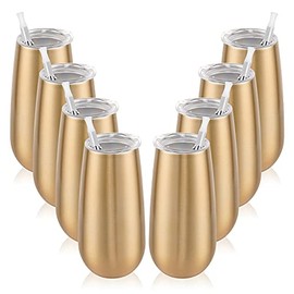 8 Pack Insulated Champagne Tumblers, Stemless Champagne Tumbler 6 Oz, Champagne Flutes Wine Tumbler, Unbreakable Cocktail Cups with Lid, Gift for Family Friends Christmas Birthday Wedding (Gold)
