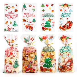 Yicelerate Christmas Cellophane Treat Bags, 100 PCS Christmas Gift Bags, Clear Plastic Cello Xmas Tree Candy Cookie Snacks Bakery Goodie Bags With 100 PCS Ties for Xmas Holiday Party Favors Supplies