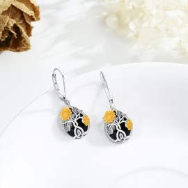 StoryMidir Sunflower Earrings for Women 925 Sterling Silver Black Onyx Sunflower Hoop Earrings Sunshine Pendant Jewellery Gifts, Sterling Silver