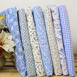 7Pcs Square Shape, Flower, Striped, Polka Dot Cotton Fabric Fabric for Sewing, 25x25cm Cotton Fabric Flower Polka Dot Bundle DIY Patchwork Quilt Cloth,Craft and Hobby Fabric (Blue)
