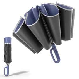 cuysfead Inverted Travel Umbrella with Carabiner Handle,Large Compact Reverse Umbrella for Rain and UV Protection,10 Ribs Windproof Automatic Umbrella with Reflective Strip for Women Men,Haze Blue