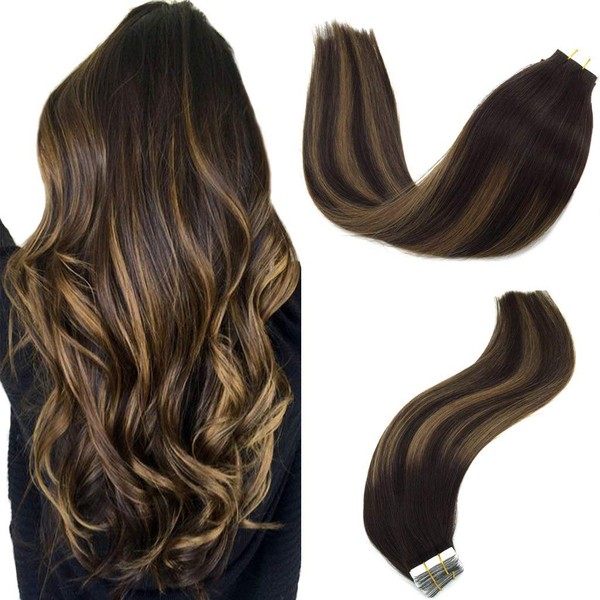 GOO GOO Balayage Human Hair Extensions Tape in Ombre Dark Brown to Chestnut Brown Natural Tape in Hair Extensions Remy Straight 50g 20pcs 16 inch