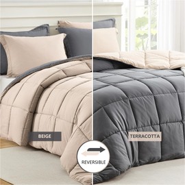 Homelike Moment Queen Comforter Set Beige, Comforters Queen Size Set Lightweight Reversible Down Alternative Bed Comforter Full Size Soft, All Season 3 Piece Bedding Sets Grey/Beige
