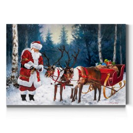Renditions Gallery Santa Prepping The Team Wall Art, Festive Decorations, Santa Claus with Reindeer & Sleigh, Premium Gallery Wrapped Canvas Decor, Ready to Hang, 32 in H x 48 in W, Made in America