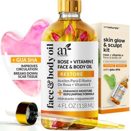 ArtNaturals Face & Body Vitamin E Bio Oil 4.0oz + Gua Sha Facial Tools Set - Organic Moisturizer Skincare for Scars, Stretch Mark, Cellulite & Nails - Great Massage oil for Massaging Joint & Muscle