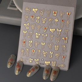 5D Embossed Gold Bow Nail Art Stickers, Rhinestones Nail Decals Metallic Ribbon Bow Tie Nail Design Cute Bow Nail Art Supplies Adhesive Sliders Sticker Craft French Manicure Decoration 1PCS