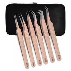 HNB BEAUTY INSTRUMENTS Professional Nude Colour Eyelash Extension Tweezers set of 6 in a Magnetic Case