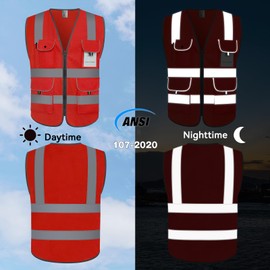 Uno Mejor High Visibility Vest with 9 Pockets Safety Vest for Men Women, Hi Vis Vest with Reflective Strips, Reflective Vest for Construction, Meets ANSI, XG100-Red 4X-Large