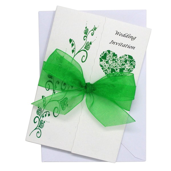 Pack of 10 Green Wedding Invitations with ribbon and envelopes-