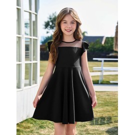 Haloumoning Girls Dress Summer Ruffle Sleeve Mesh A Line Casual Party Dresses with Pockets for Kids 4-14 Years Black