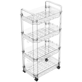 Yieach Clear 4 Tier Rolling Utility Cart with Wheels,Modern Bedside Cart for Baby Essentials,Nursery,Diaper Caddy,Baby Supplies,Rolling Storage Cart for Living Room,Bathroom,Kitchen,Book Cart