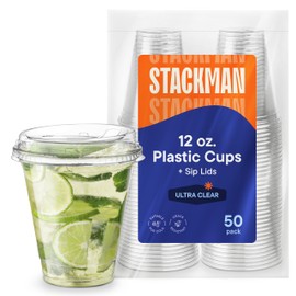12 oz Clear Plastic Cups with Strawless Sip-Lids [50 Sets] PET Crystal Clear Disposable 16oz Plastic Cups with Lids - Crystal Clear, Durable Cup - BPA Free + Crack Resistant, for Coffee, Juice, Shakes