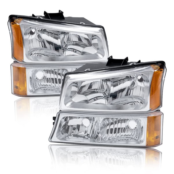 PIT66 Headlights, Compatible with 03-06 Chevy Silverado 1500 2500 3500 HD Models/03-06 Avalanche 1500 2500(Fit No Cladding only) Clear Lens Chrome Housing Amber Corner