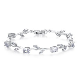 BISAER Lovely White Gold Plated AAA Cubic Zirconia Gemstone Flower Vine 7 Inches Bracelet for Mothers Girls Girlfriends