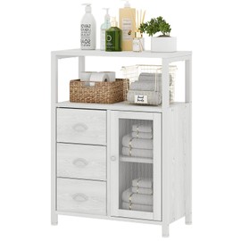 Homeiju White Storage Cabinet, Bathroom Storage Cabinet Organizer with 3 Removable Drawers and 1 Door, Industrial Floor Storage Cabinet for Kitchen, Living Room, Bathroom, Home Office