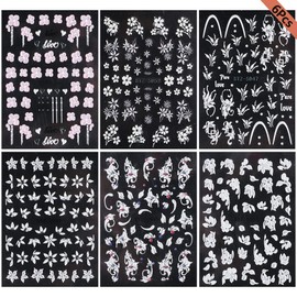 Flowers Embossed Nail Art Stickers, 5D Embossed Spring Summer Pink Cherry Blossom Exquisite Design Flower Nail Decals Nail Decorations White Flower Self-adhesive Nail Stickers for Women Girls 6 Sheets