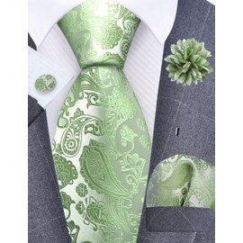 GUSLESON Sage Green Tie for Wedding Mens Silk Paisley Necktie Pocket Square Cufflinks and Lapel Pin Brooch Set (6105-48)