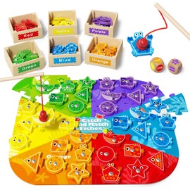 edutree Montessori Toys for Toddlers 1-3, Magnetic Fishing Game for Kids 2-4, Color & Shape Sorter Educational Learning Toys with Wooden Box & Puzzle for Boys Girls 3-5