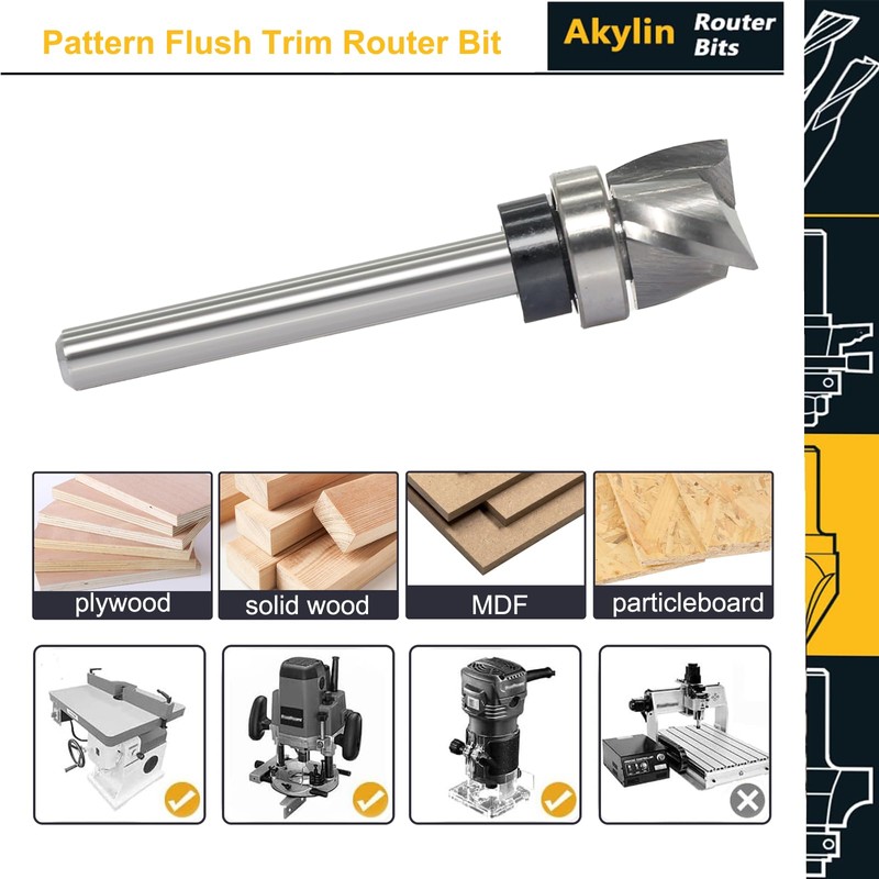 Spiral Pattern Flush Trim Router Bit 1/4" Shank, Solid Carbide