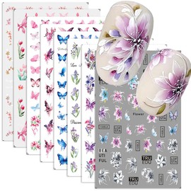 8pcs 3D Flower Nail Stickers Colorful Butterfly Nail Art Stickers Floral Nail Decals for Nail Art Supplies Cherry Blossom Nail Sticker Tulip Lavender Spring Nails Stickers Flower Stickers for Nails