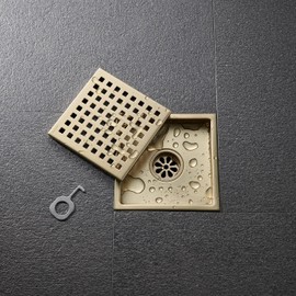 GORDEE 6 inch Square Shower Floor Drain Strainer with Flange, Grid Pattern Grate Removable, Hair Catcher, Premium SUS304 Stainless Steel, Drain Base Included, Brushed Gold