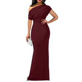 shengfan Women's Formal Off Shoulder Maxi Dresses Elegant One Shoulder Ruched Vestidos Evening Party Long Dress(231Burgundy,XX-Large)
