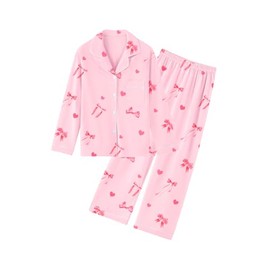 QZH.DUAO 100% Cotton Pajamas Set, Girls PJ Set Button Down Long Sleeve pjs Sleepwear Nightwear for girl, Pink Bow, 9-10 Years