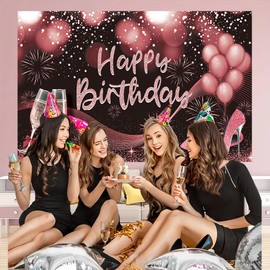Rose Gold Happy Birthday Banner Champagne Heels Birthday Party Photography Backdrop for Women Girls Birthday Banner Party Decoration Baby Shower Photography Background (Rose Golden)
