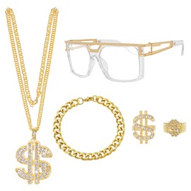 5pcs 80s 90s Hip Hop Costumes Kit with Dollar Sign Chain & Dollar Rings, Fake Gold Chain Bracelet, Disco Glasses Rapper Costumes Accessories for Men Women Cosplay Club Old School Themed Party Supplies (Retro Style 1)