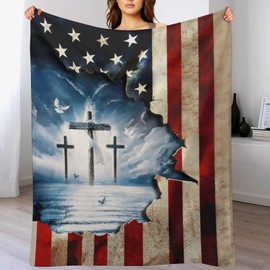 Christian Cross US American Flag Blanket Religious Decor Throw Blanket Jesus Faith Inspirational Blanket Gifts for Women Men Bedding Warm Soft Plush Fleece Flannel Blanket for Adults Kids 40"x50"