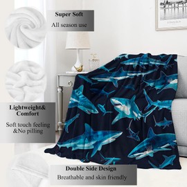 VODRM Blue Shark Blanket,Vibrant Deep Sea Sharks Throw Blankets,Gifts for Kids & Marine Life Lovers,Lightweight Soft Fleece,for Picnic Sofa Couch Bed Room Travel,Birthday Decor,50x60in