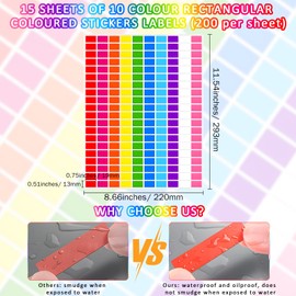 Coloured Rectangular Stickers 3000pcs 10 Coloured Sticky Labels, 1.9 cmx1.3cm Small Rectangular Coloured Stickers Labels for Colour Coding, Organising (10 Colour)