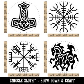 Norse Viking Symbols Protection Awe Mjolnir Hammer Horse Rubber Stamp Set for Stamping Crafting Planners - 1-1/4 Inch Large