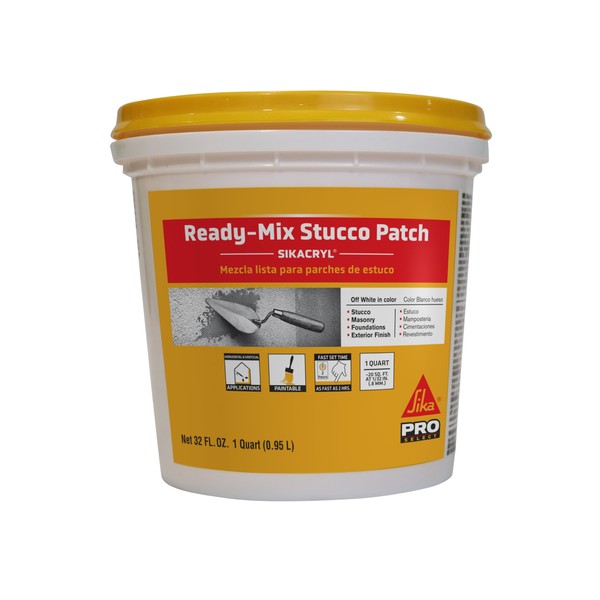 Sikacryl - Stucco Repair - Ready-Mix Stucco Patch, White - Repair spalls/Large Cracks in Stucco - Interior/Exterior - Acrylic-Based, Textured - 1 qt