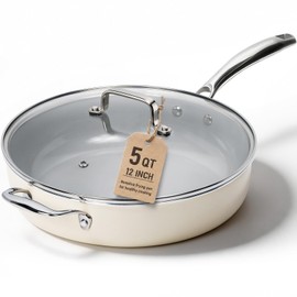 Kikcoin 12 Inch Ceramic Nonstick Frying Pan with Lid, 5 QT Deep Saute Pan for Cooking, Induction Ready Skillet with Stay Cool Handle, PFAS/PTFE/PFOA Free, Oven & Dishwasher Safe